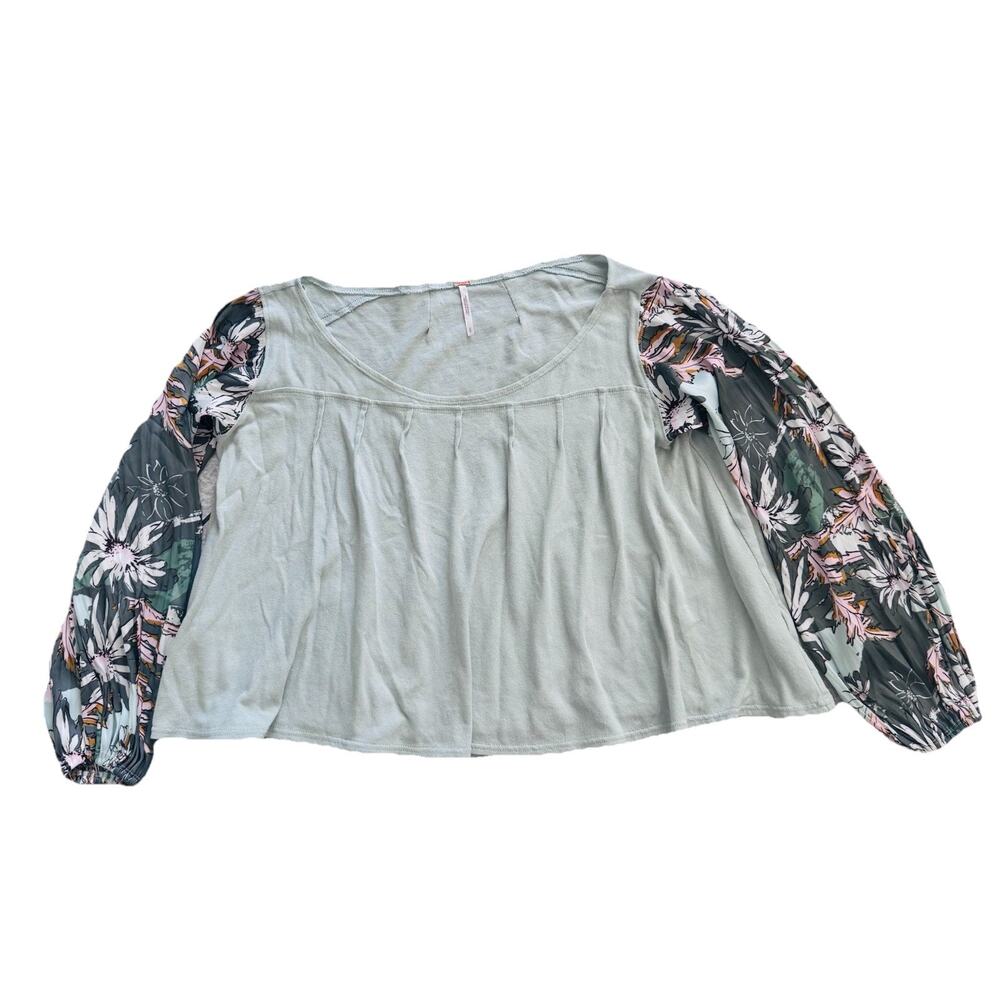 Free People Sage Green Floral Sleeves Picking Pedals Shirt Blouse Sz S Boho